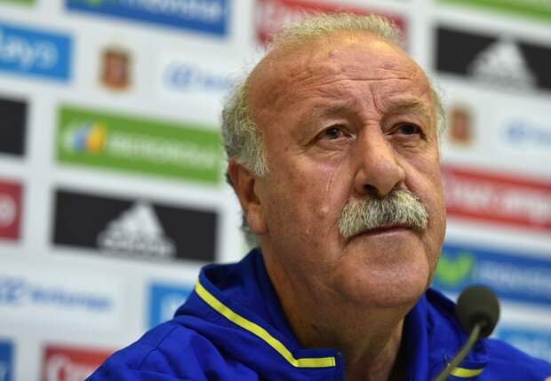 Spanish football team's coach Vicente del Bosque listens to a journalist's question