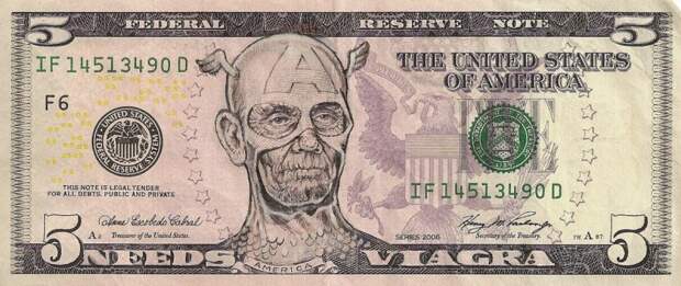 Кэп уже не тот доллары, портреты на долларах, прикол, рисунки на долларах, юмор