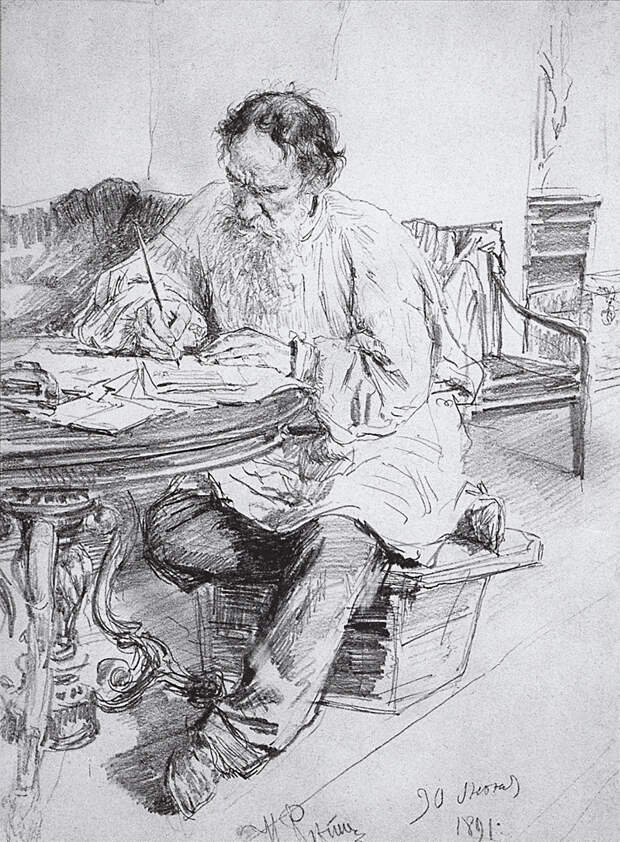 Л. Н. Толстой за работой у круглого стола. 1891