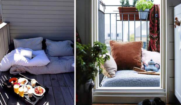 Если просто бросить на пол разноцветные подушки и одеяла, на балконе станет тепло, мягко и удобно.