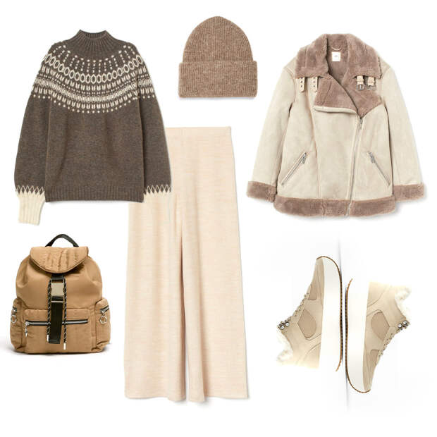 Свитер, брюки, дубленка - H&M; обувь - Zara; рюкзак - Pull&Bear