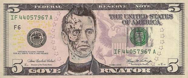 Железный Арни доллары, портреты на долларах, прикол, рисунки на долларах, юмор