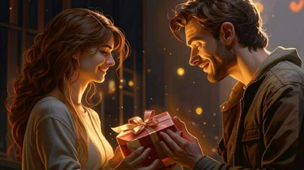 Мужчина дарит подарок женщине / Изображение сгенерировано с помощью нейросети Kandinsky by Sber AI / amic.ru