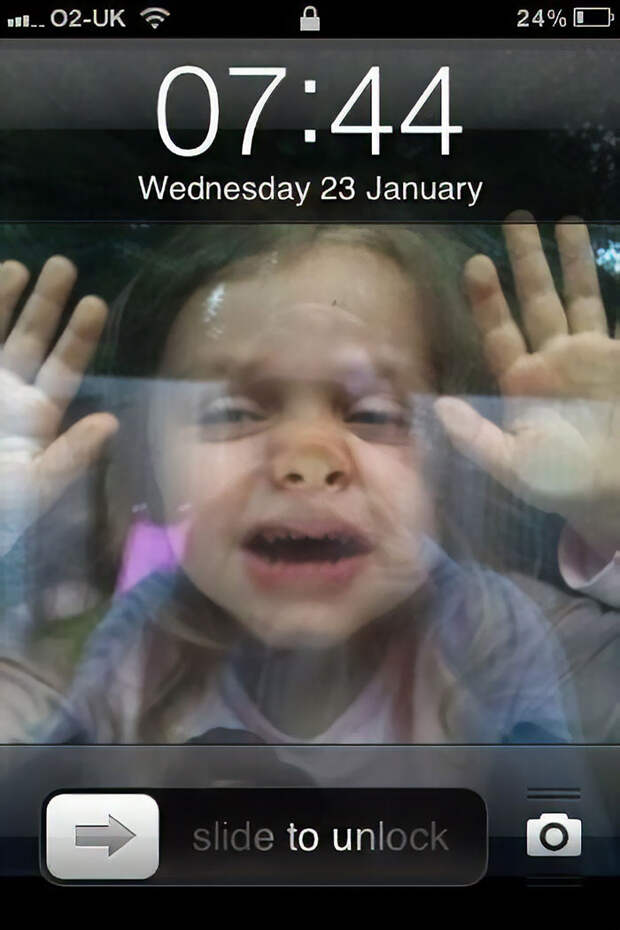 1) Get Your Child To Squash Up Against A Window 2) Take Photo 3) Set As Phone Background 4) Child Is 'Stuck In' Phone