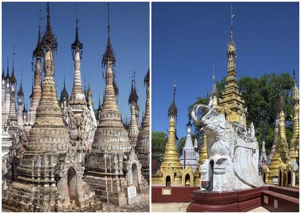 В деревне Па-О, в которой проживают карены, ступы окрашены в белый и золотистый цвет (Мьянма). В деревне Па-О, в которой проживают карены, ступы окрашены в белый и золотистый цвет (Мьянма).