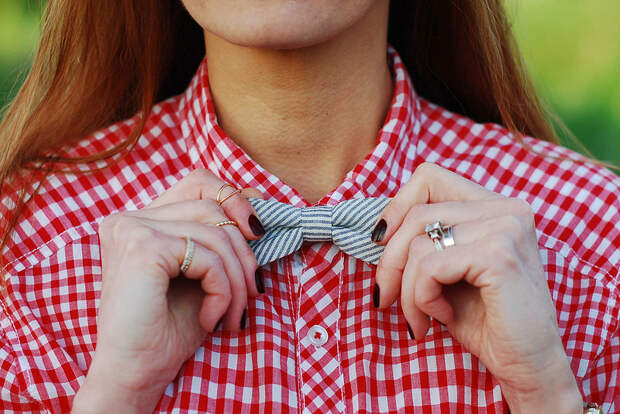 Girls wearing bow ties | With red gingham