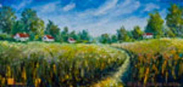 Летний деревенский пейзаж: Летняя дорога через поле. Пейзаж маслом. Живопись мастихином.