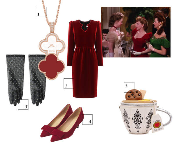 1. Часы-подвеска Alhambra secret, Van Cleef & Arpels, 1 560 000 руб. (Van Cleef & Arpels) 2. Платье Saint Laurent, 238 500 руб. (ЦУМ) 3. Перчатки WOS, 7600 руб. (WOS) 4. Туфли Age of Innocence, 23 800 руб. (Age of Innocence) 5. Сумка Braccialini, 17 540 руб. (No One)