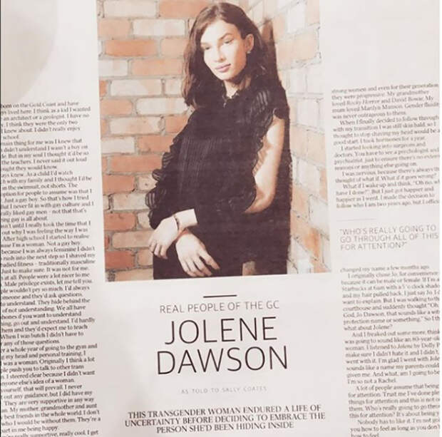 Статья в австралийском издании о трансгендерности Жолин. Instagram jolene.dawson.
