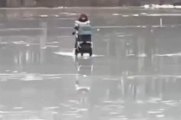 В Подмосковье женщина устроила заезд по тонкому льду пруда на коньках и с детской коляской