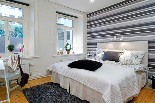 Спальня в цветах: черный, серый, светло-серый, белый. Спальня в стиле скандинавский стиль.