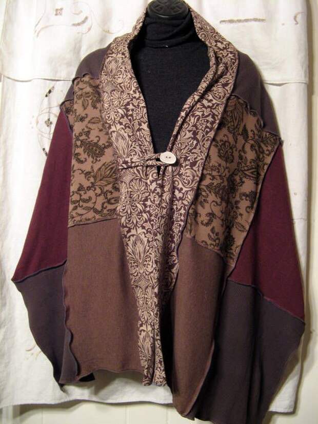 Shawl/wrap/scarf upcycled from knit shirts in fall colors with an antler button