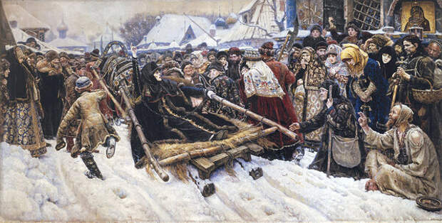 Сподвижница протопопа Аввакума Феодосия Морозова (1632–1675) за приверженность к «старой вере» была лишена имения и заточена в монастырскую тюрьму.  Василий Суриков «Боярыня Морозова» (1884-1887)