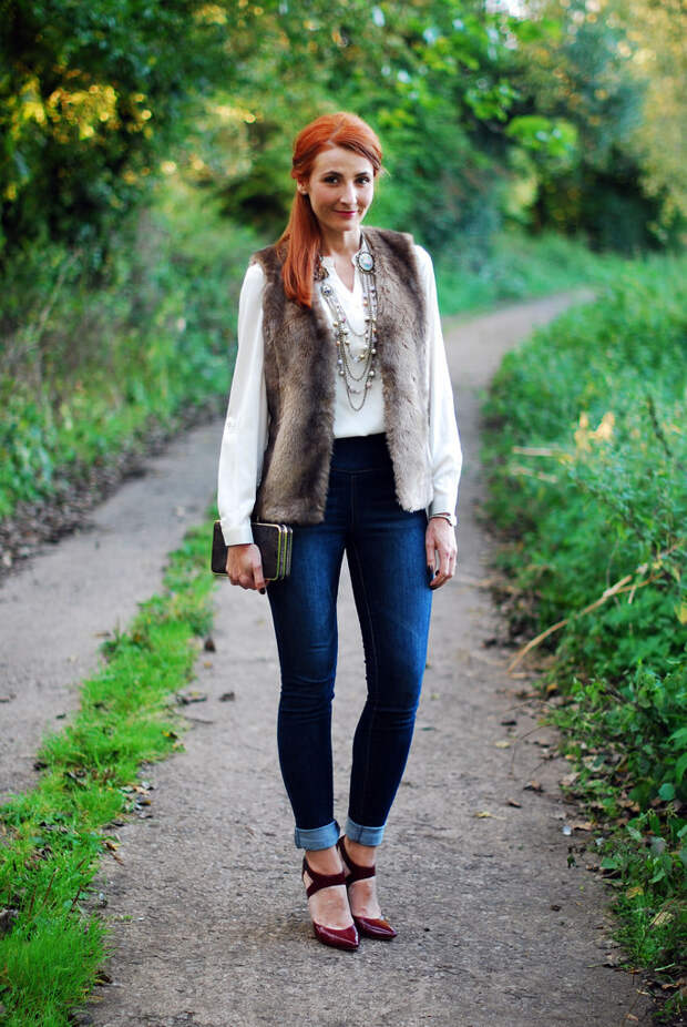 Faux fur gilet, skinnies and heels
