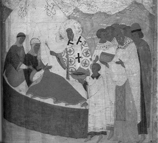 Алексий Московский исцеляет Тайдулу. Клеймо иконы «Святой митрополит Алексий с житием». Дионисий, конец XV века