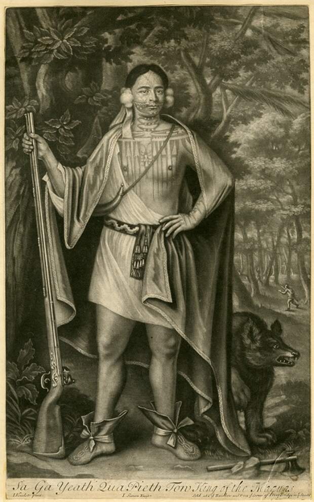 Sa Ga Yeath Qua Pieth Tow - вождь племени могавков. Гравюра, 1710 г.