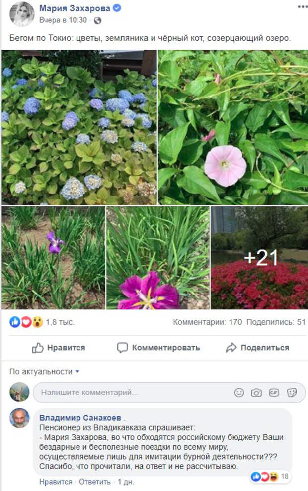Захарова ответила пенсионеру, спросившему ее о тратах на «бездарные и бесполезные» поездки по миру.