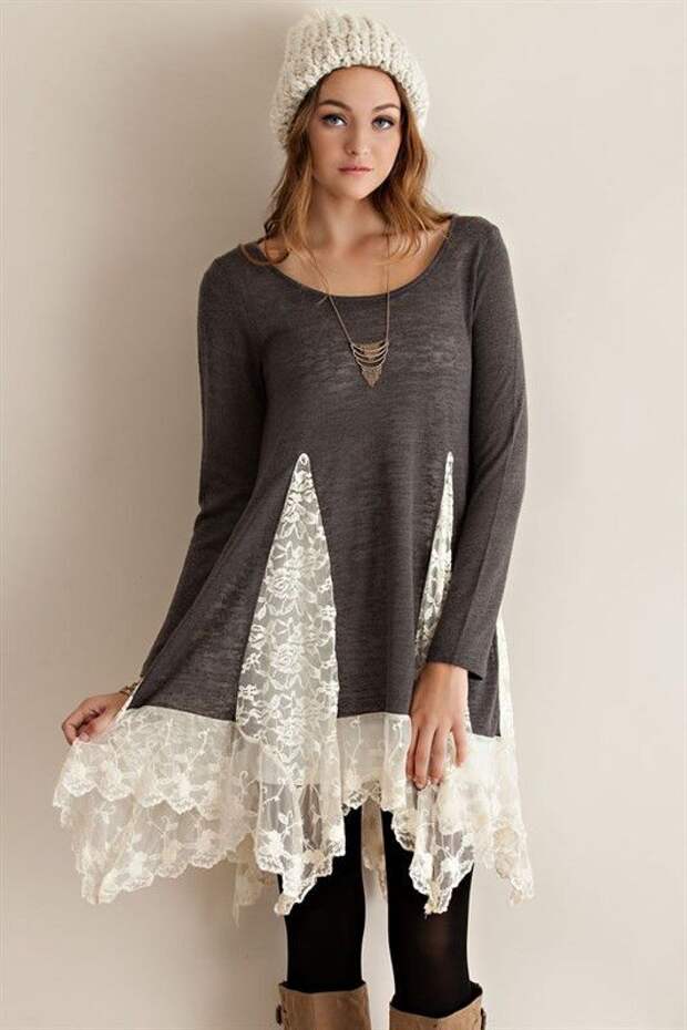 Tunic Sweater Top with Lace Detailing - another easy DIY with lace curtain and a sweater.: 