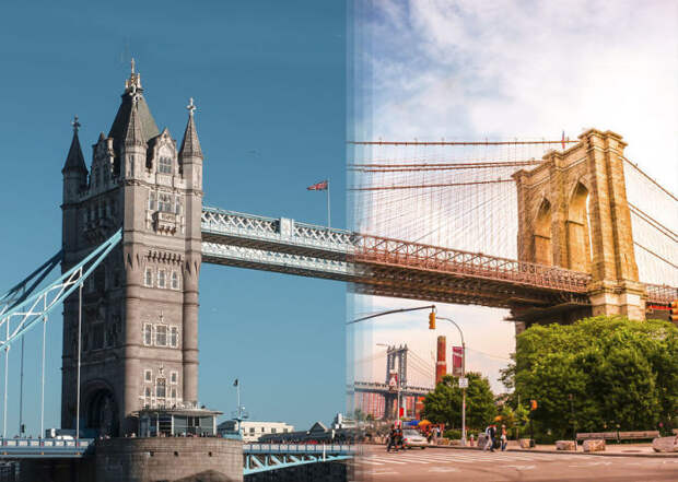 Тауэрский мост в Лондоне и Бруклинский мост в Нью-Йорке. 