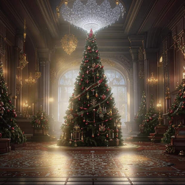 Новогодняя ёлка с серебристыми шарами стоит на полу возле богато украшенного камина _Kandinsky 3.1.jpg Новогодняя ёлка с серебристыми шарами стоит на полу возле богато украшенного камина _Kandinsky 3.1.jpg