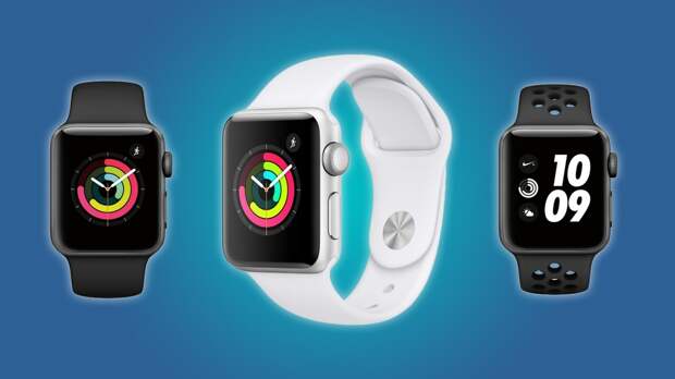 The Apple Watch Series 3 in black, white, and Nike black