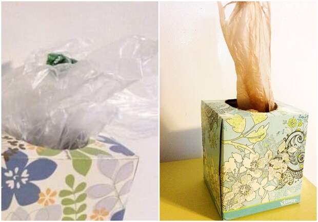 Пакеты в коробке из-под салфеток. \ Фото: i.pinimg.com.