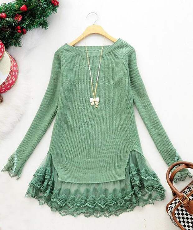 Green Long Sleeve Contrast Lace Pullovers Sweater >> Must look super cute with leggings!: 