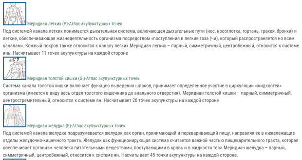 Вот так выглядит страница с меридианами на сайте eledia.ru