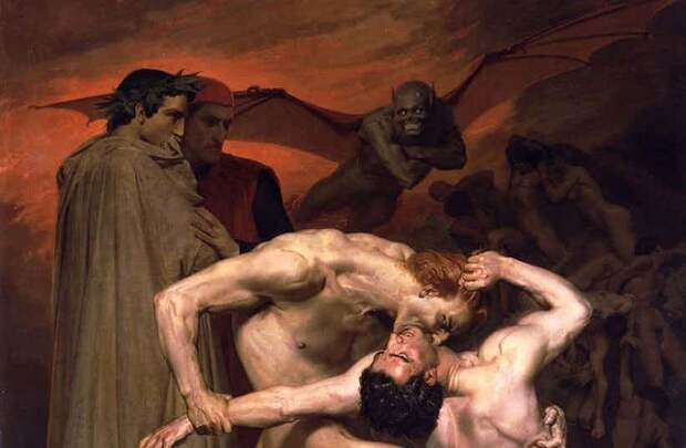 Вильям-Адольф Бугро, "Данте и Вергилий в аду", 1850 г. живопись, искусство, необычные картины