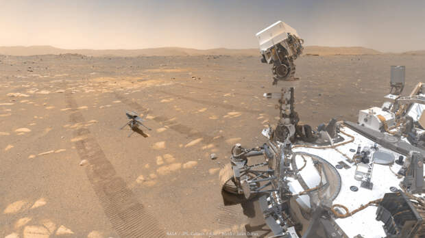Панорама марсохода NASA «Настойчивость» и дрона «Изобретательность» из 62 фотографий (NASA/JPL-Caltech/MSSS/Seán Doran)