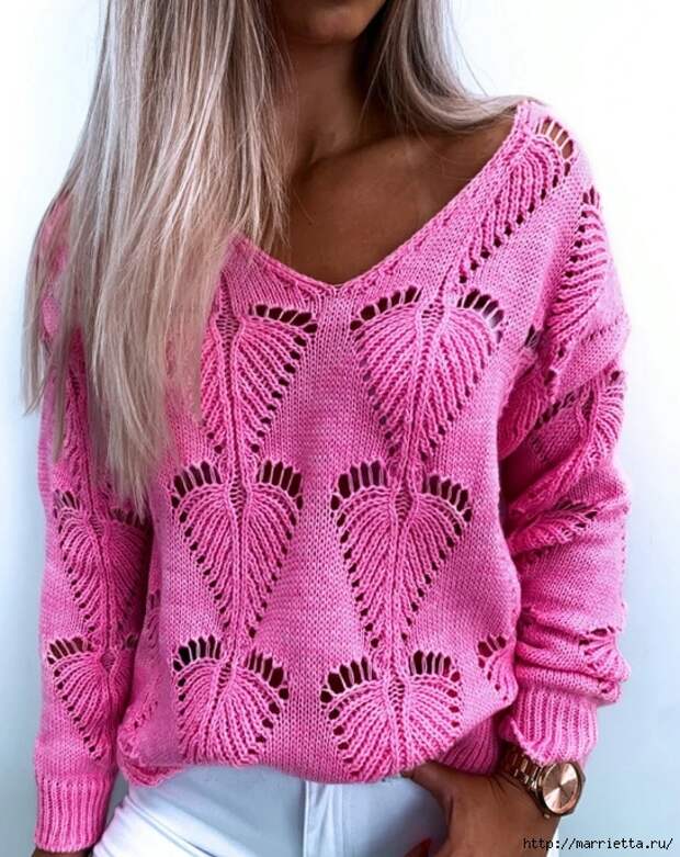 Пуловер спицами ажурным узором «Листик» - модный тренд сезона (2) (545x687, 319Kb)