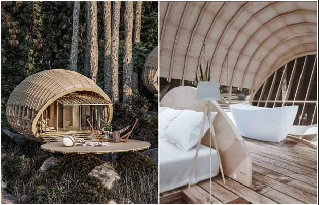 Умиротворенный отдых в номерах-коконах Cabins On The Mountain среди дикого леса (концепт студии Veliz Arquitecto).