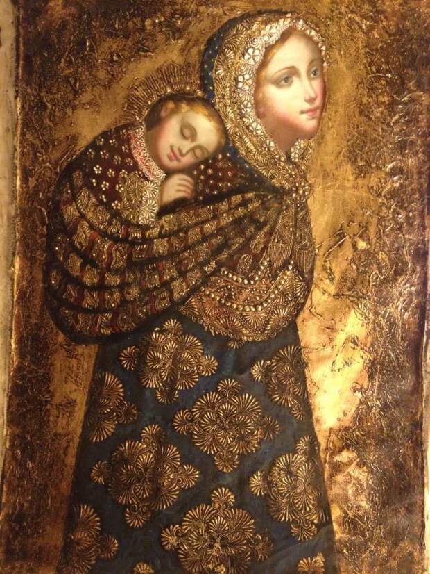 Andes Virgin & Child, Original Oil, Painting On Canvas By Artemio Coanqui.