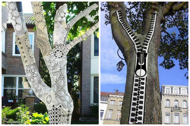 Украшение деревьев (чаще всего вязанием) art, Городская среда, украшения