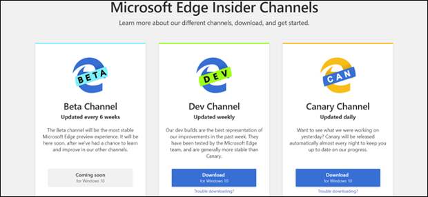 Microsoft Edge Insider Channels page