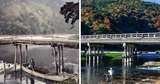 Мост Тогэцу в Японии в 1870 году и сейчас