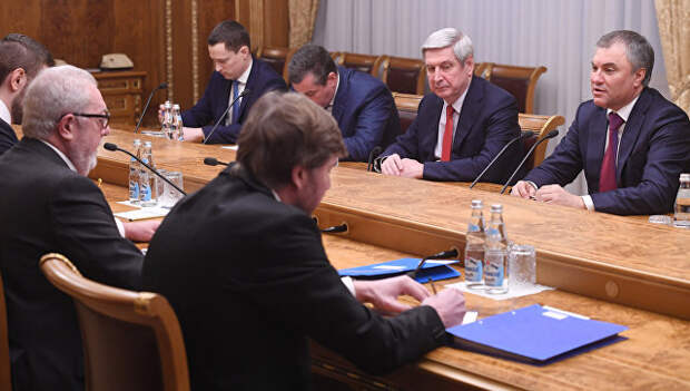 Председатель Государственной Думы РФ Вячеслав Володин и председатель ПАСЕ Педро Аграмунт во время встречи в Москве Председатель Государственной Думы РФ Вячеслав Володин и председатель ПАСЕ Педро Аграмунт во время встречи в Москве