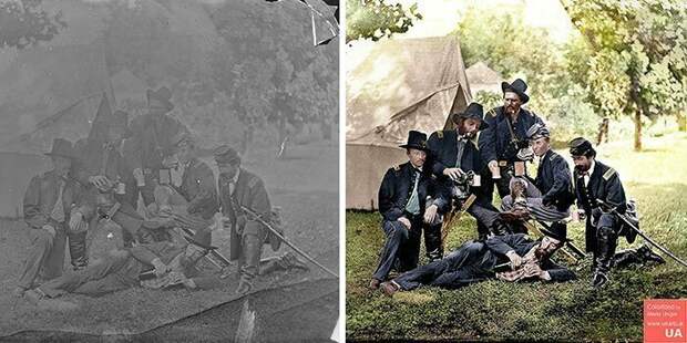 Офицеры 3-й и 4-й Пенсильванской кавалерии во времена гражданской войны, 1862 год колоризация, мастер, прошлое, реставрация, снимок, фотограф, фотография