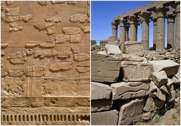 Слева направо: Деталь стены Аменхотепа III после консервации, 2010 год. \ Руины с рельефом, 2002 год.