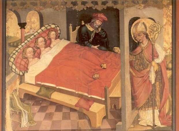 Святой Николай дарит дочерям бедняка приданое, средневековая миниатюра 