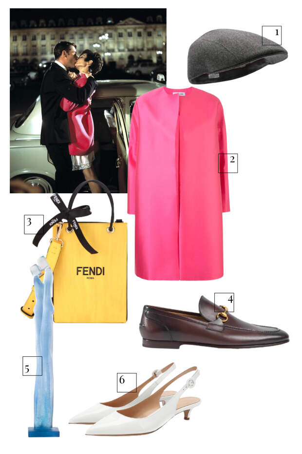 1. Кепи Brunello Cucinelli, 28 500 руб. (ЦУМ) 2. Пальто Dice Kayek, 151 407 руб. (farfetch.com) 3. Сумка Fendi, цена по запросу (Fendi) 4. Лоферы Gucci, 59 700 руб. (Gucci) 5. Скульптура «Поцелуй» Laurence Bonnel, Daum, 299 000 руб. (Daum) 6. Туфли Gianvito Rossi, 49 950 руб. (ЦУМ)