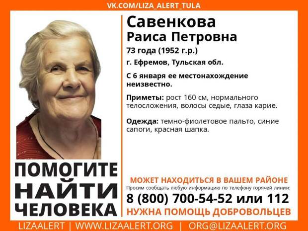 В Тульской области разыскивают пропавшую пенсионерку
