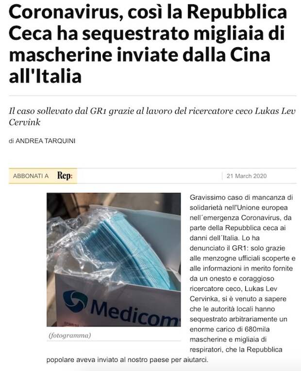 Чехия присвоила себе тысячи медицинских масок, отправленных из Китая в Италию Чехия присвоила себе тысячи медицинских масок, отправленных из Китая в Италию