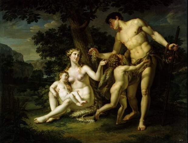 Иванов Андрей «Адам и Ева с детьми под деревом» Примерно начало 1800-х. Очень неестественная силиконовая грудь, особенно для кормящей дамы.
