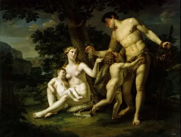 Иванов Андрей «Адам и Ева с детьми под деревом» Примерно начало 1800-х. Очень неестественная силиконовая грудь, особенно для кормящей дамы.