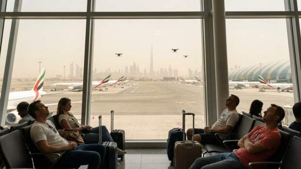 SHOT: туристы из России не могут вылететь из Дубая из-за атаки БПЛА на аэропорт