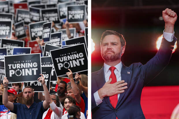 Участники панихиды по Чарли Кирку держат плакаты «Поворотный момент в США» / Джей Ди Вэнс