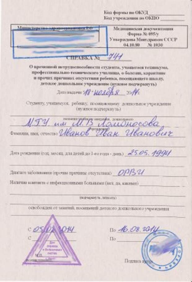 Образец медицинской справки 095у