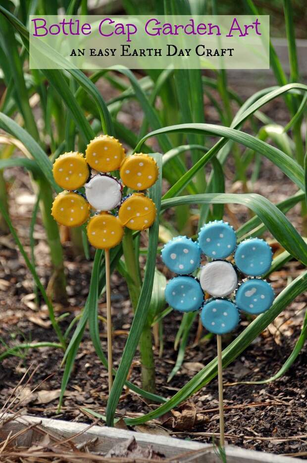 Easy Earth Day Crafts Bottle Cap Garden Art: 