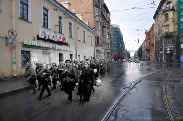 Ленинград/Санкт-Петербург, 1941-2011. Угол Загородного проспекта и Звенигородской улицы.Части народного ополчения уходят на фронт. Leningrad/St.Petersburg, 1941-2011. People"s volunteer corps is going to the front.